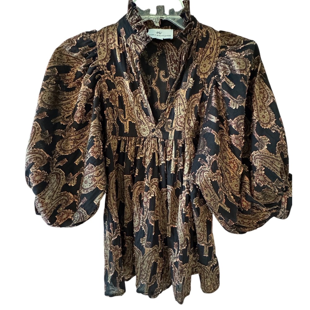 Never A Wallflower Womens XS Paisley Metallic Cotton Puff Sleeve Babydoll Top